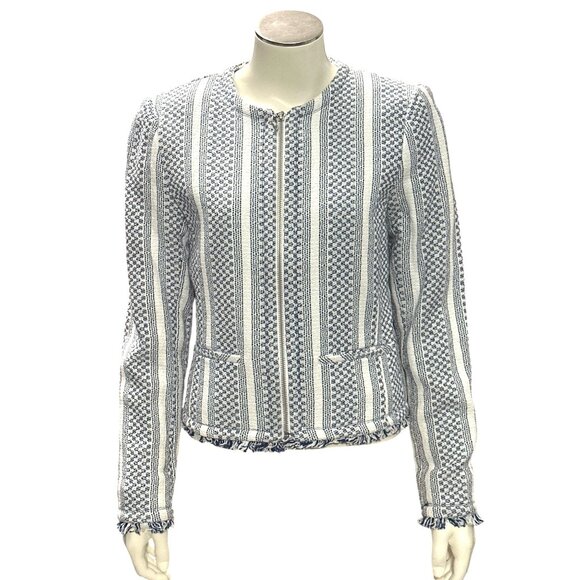 Adrienne Vittadini Small Woven Cotton Fringe Tweed Zip Jacket Blue White New Tag - Picture 2 of 16